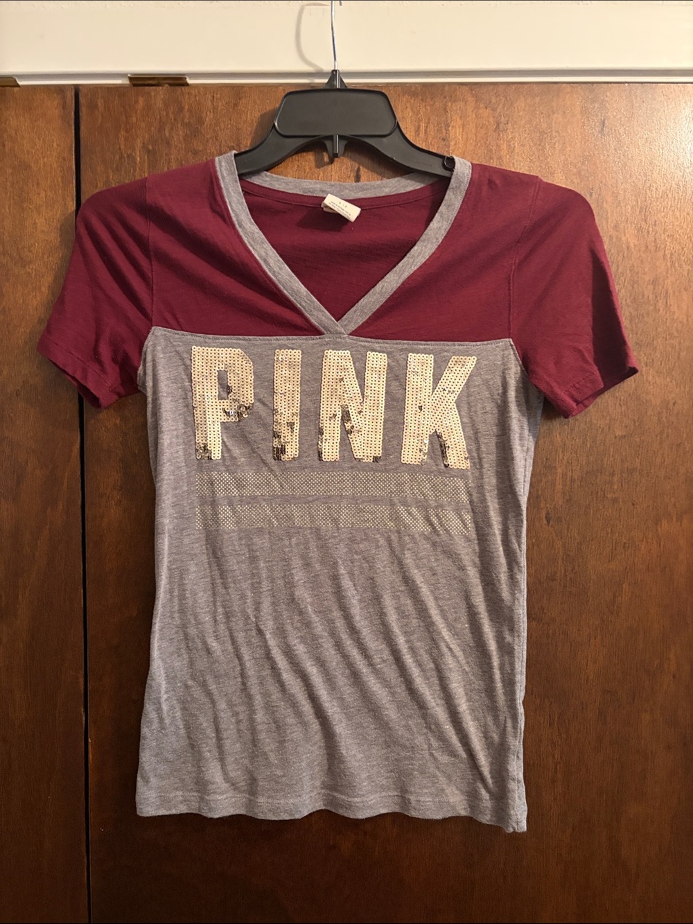 PINK Victoria's Secret Maroon V-Neck Tee with Gray Trim
